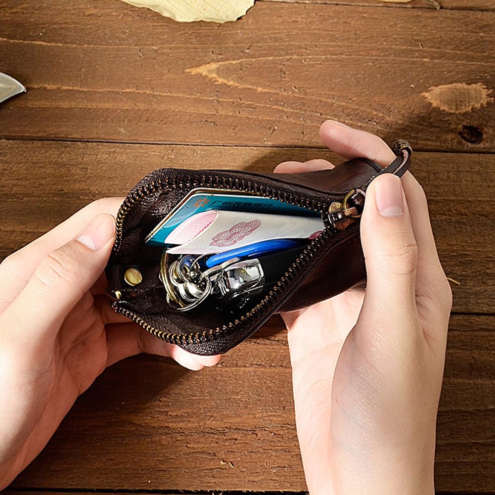 Yzikema 1 Pcs Leather Mini Medieval Pouch Keychain, Coin Organizer, Change Holder,Card Case, Genuine Leather Zipper Storage Bag for Men & Women