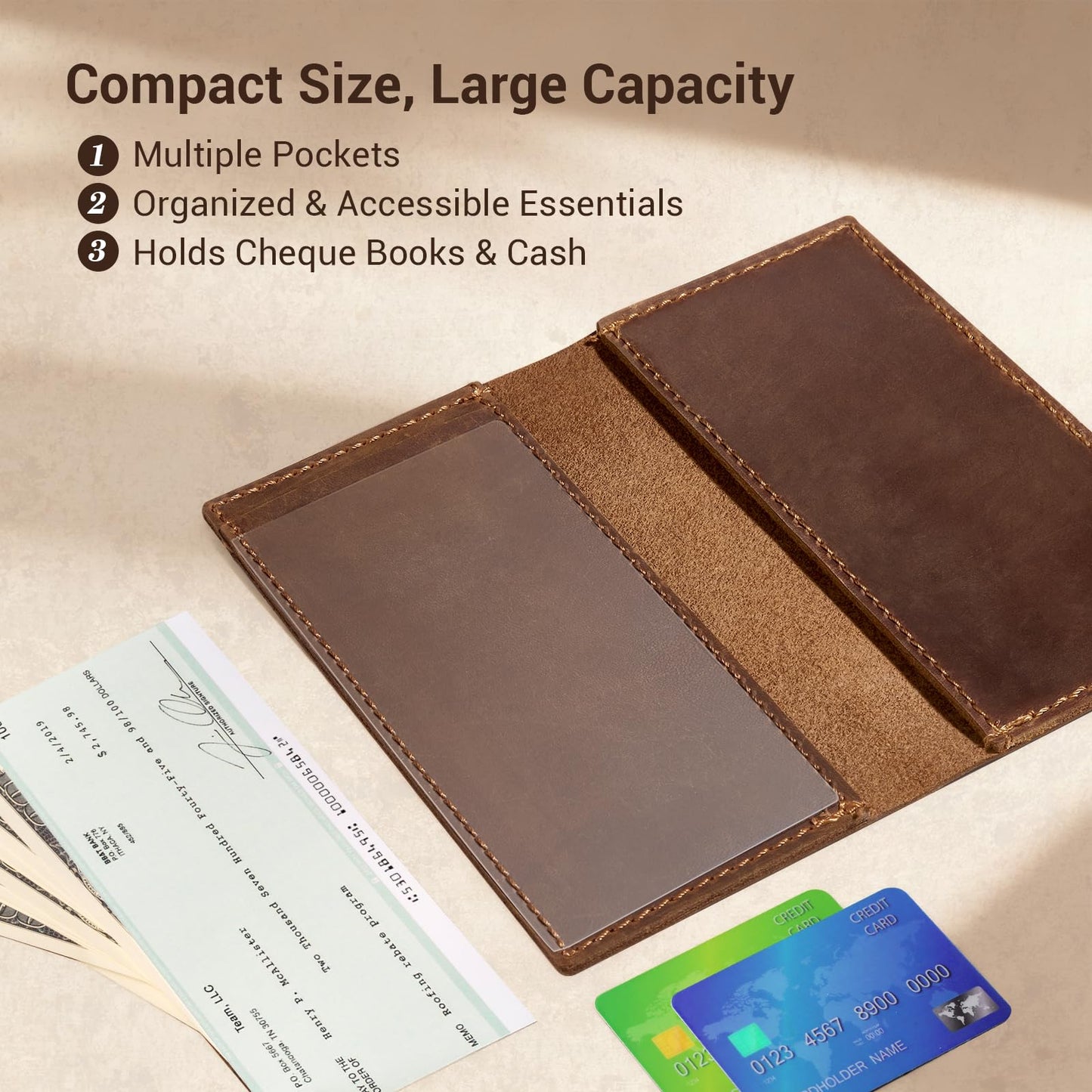 CoBak Genuine Leather Checkbook Cover – RFID Blocking, Luxury Handcrafted Design, Slim & Durable Organizer for Personal & Business Checks.Genuine Leather Brown