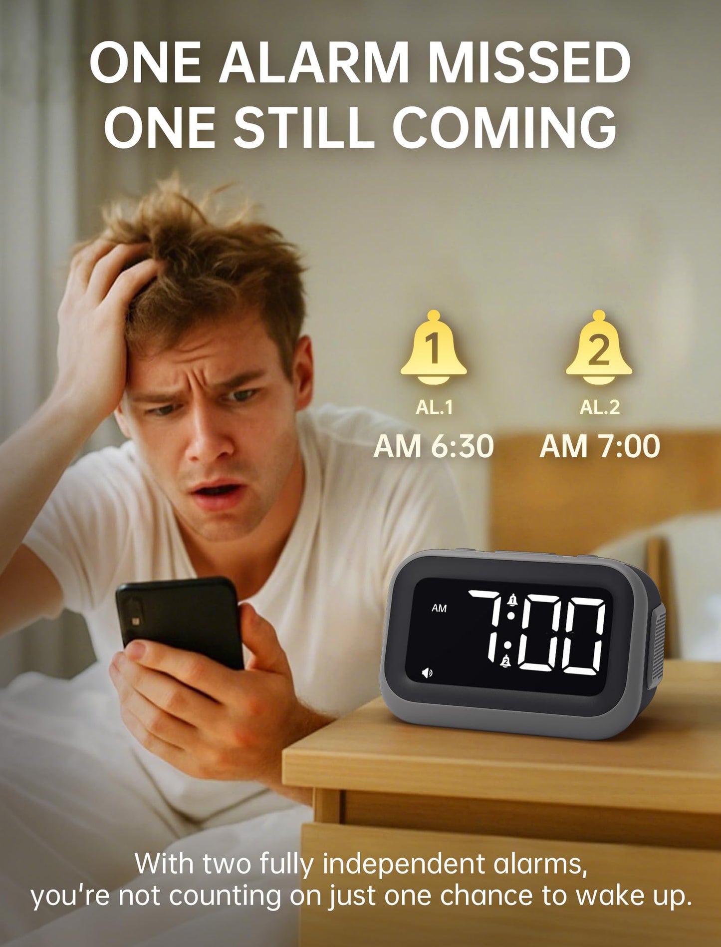 Acedeck Super Loud Alarm Clock: 115dB Dual Alarms and 6 Alarm Sounds for Heavy Sleepers - Adult Shift Workers in Bedroom or Daily Wake-Up Use - Gray