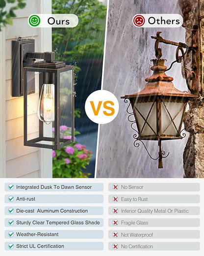 VIANIS 2 Packs Black Gold Outdoor Lights, Anti-Rust Porch Light Wall Mount, Waterproof Garage Light Lantern with Clear Glass, UL Listed Black Lights Sconce for House, Patio, Front Door