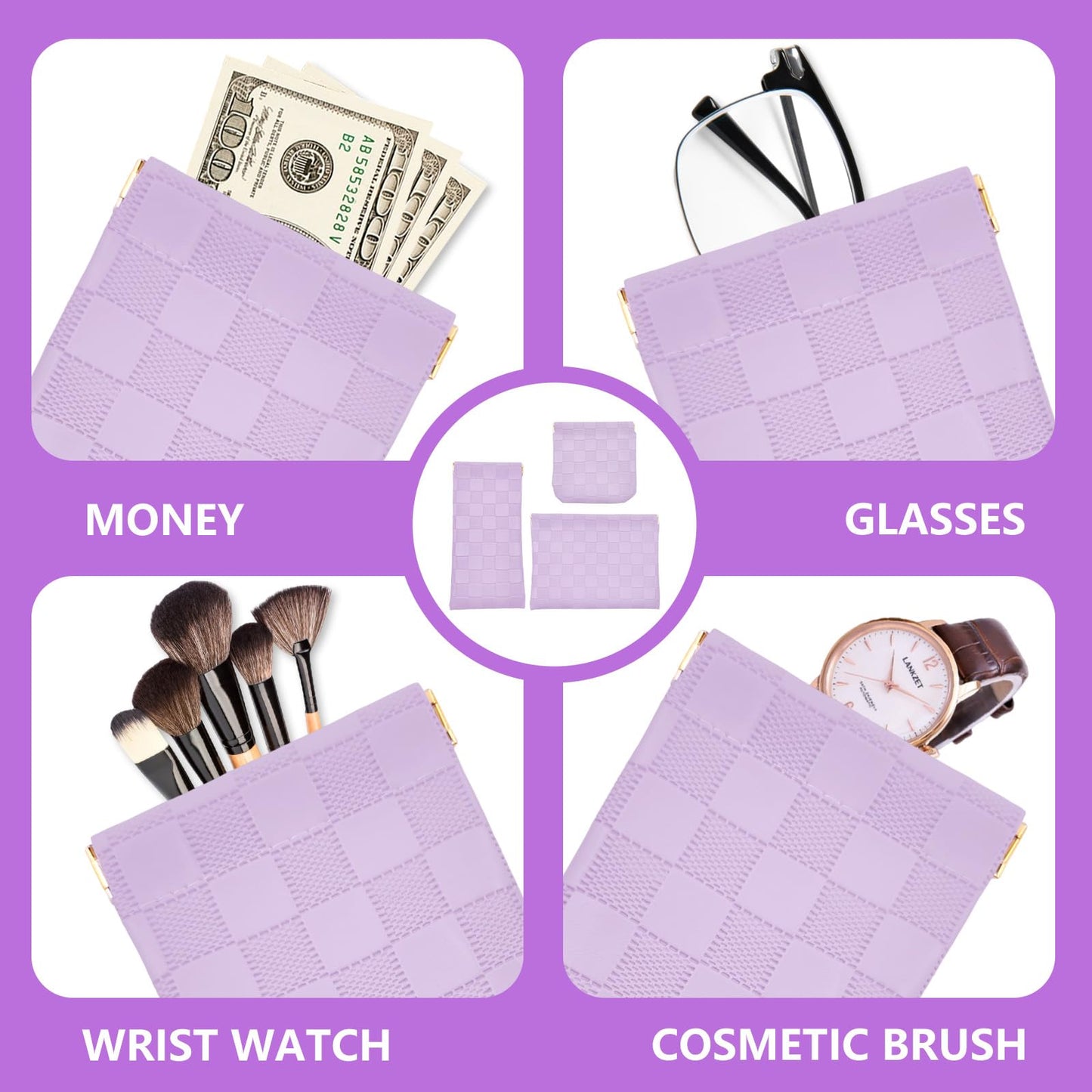 3PCS Small Makeup Bag for Women, Mini Cosmetic Bags Leather Pocket Pouch Purse,Snap Closure Waterproof Portable Bag,Checkered Storage Travel Bag for Lipstick Change Glasses Coin Cards (Purple)