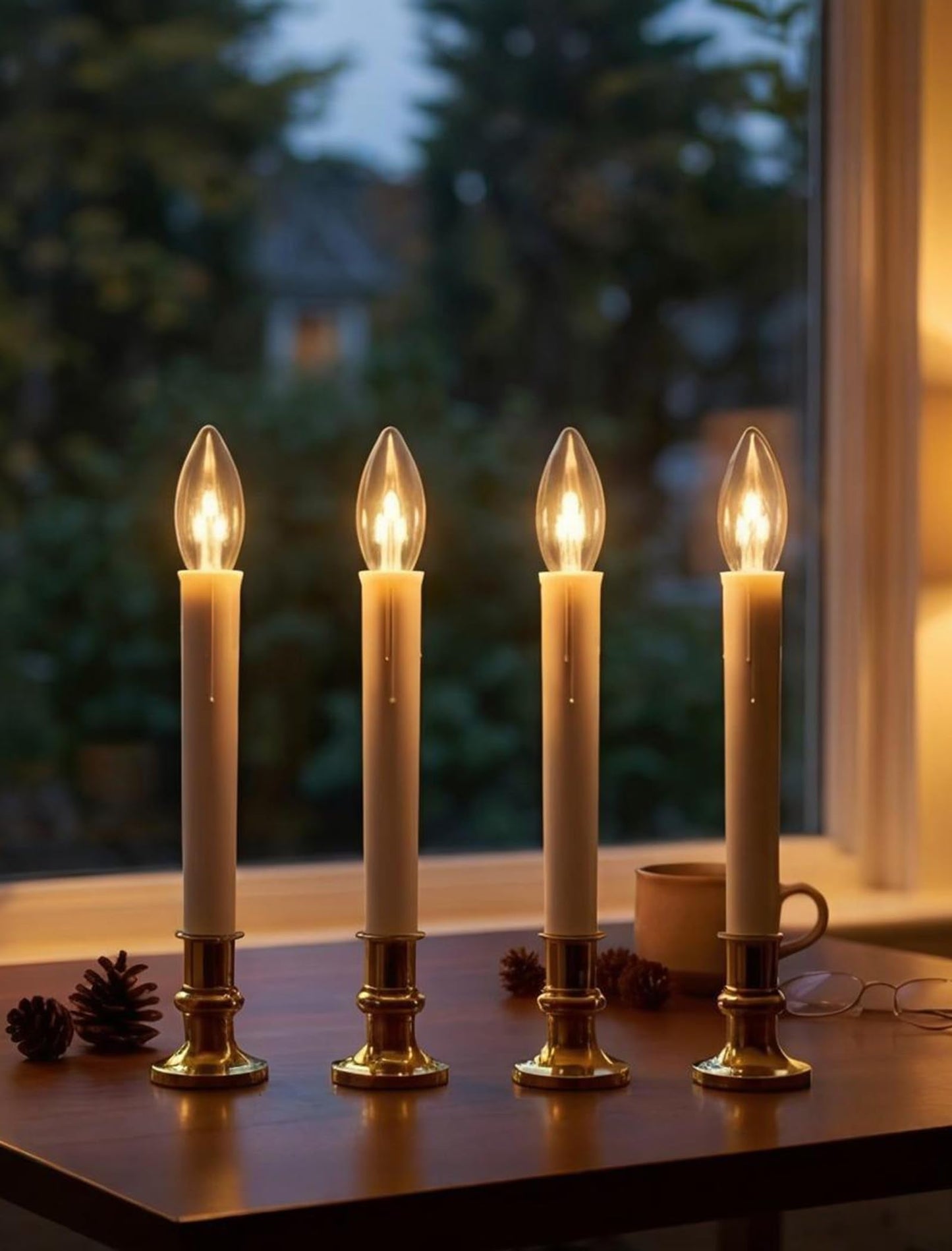 4 Pack Christmas Battery Operated Window Candles with Timer (6-18H), Wireless Window Candle Light with Gold Candlestick Base, C26 LED Bulb Candle Lamp for Home Party Valentines Decor, 4 Suction Cups