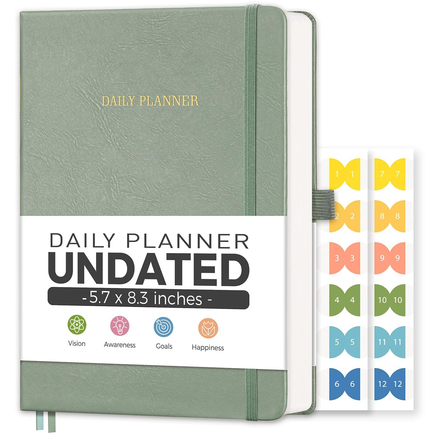 LOAPEM Daily Planner Undated, Appointment Book for Hourly, Daily and Monthly, 365 Days, One Page a Day, Medium Size (5.7" x 8.3"), Leather Hardcover, 12 Self-adhesive Monthly Tabs (Light Green)