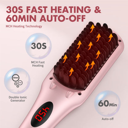 Enhanced Ceramic Hair Straightener Brush by MiroPure, 2-in-1 Ionic Straightening Brush with Anti-Scald Feature, Auto Temperature Lock & Auto-Off Function (Black)