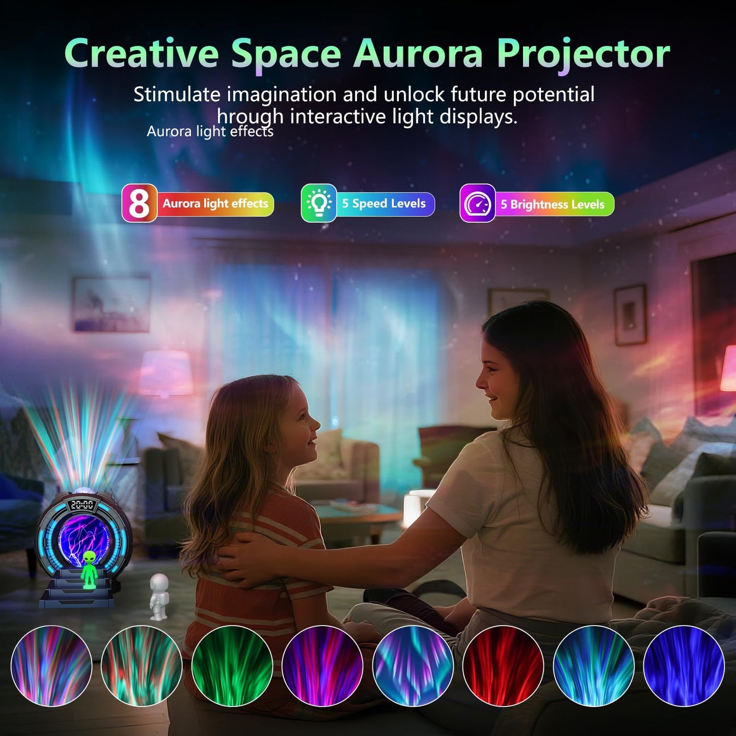 Roujune Galaxy Projector with Plasma Ball, 8 Aurora Lights, White Noise Machine, Bluetooth Speaker, Timer Alarm Clock, Remote Controlled Night Light for Bedroom, Kids/Adults, Party