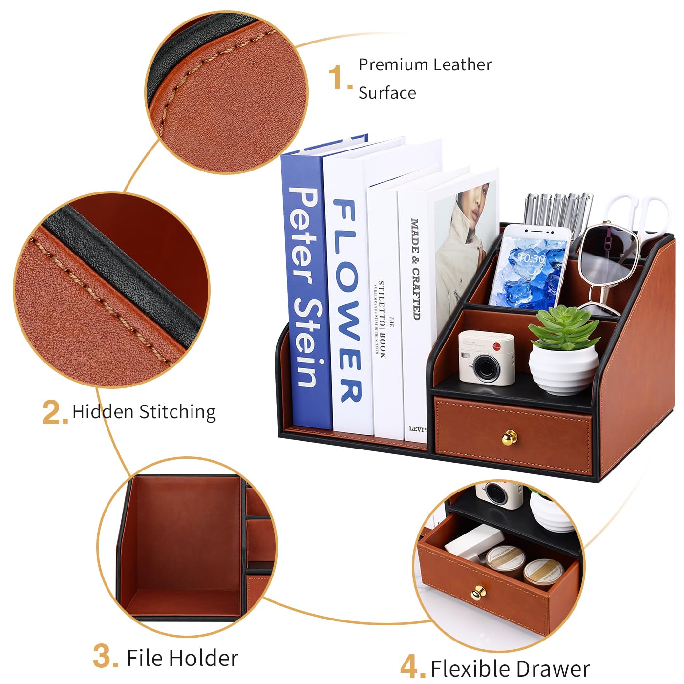 GORESE PU Leather Desk Organizer with Magazine File holder, Drawer and 4 Compartments, Office Workspace Organizers and Accessories, Large Desktop Organization with File Rack Pen Holder - Tan Brown