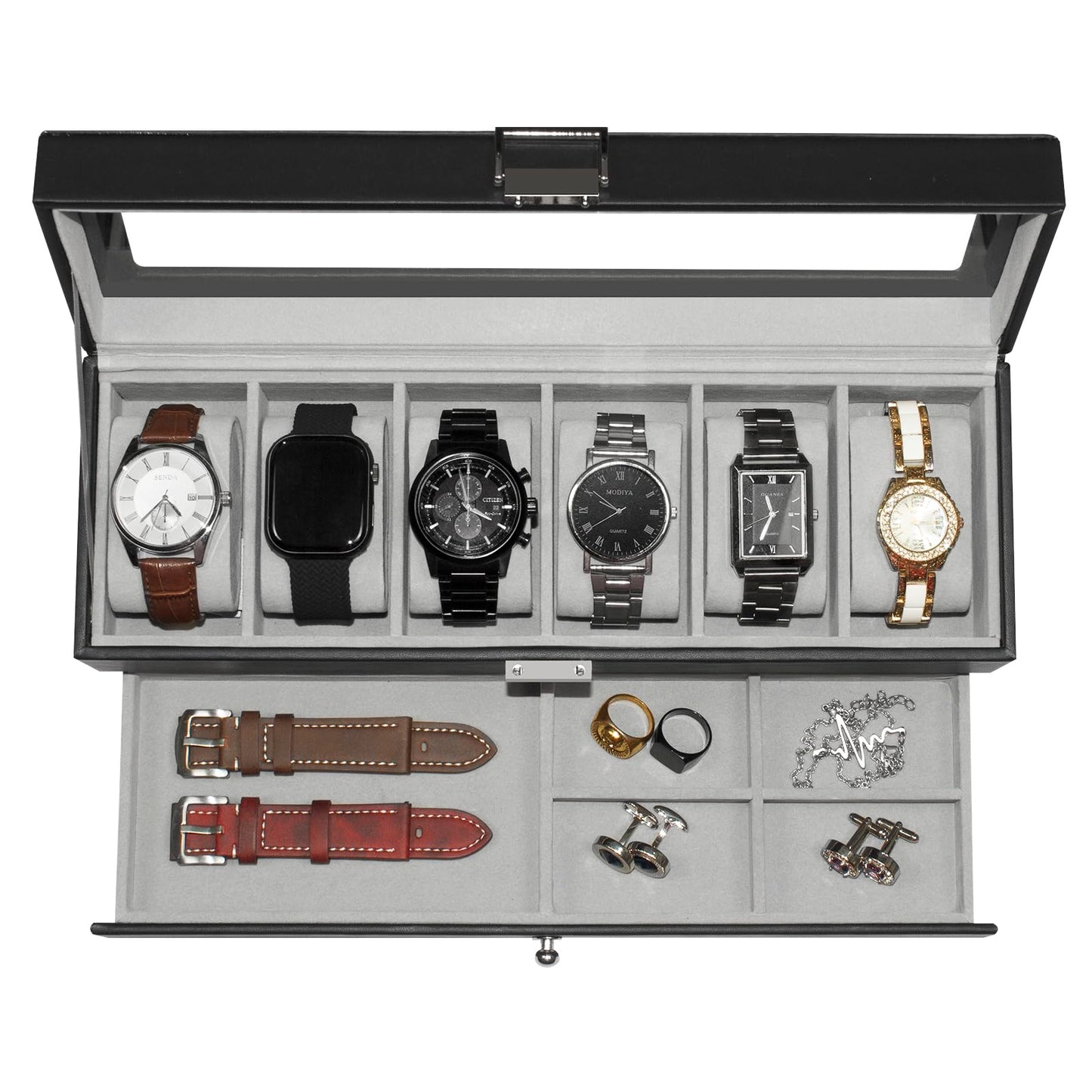 GLOBAL KA Watch Box for Men 6 Slot,Double Layer Mens Watch Case Display Organizer with Real Glass Top,Large Holder for 50mm Watches,PU Leather Jewelry Drawer Storage Valet Tray for Men,Black