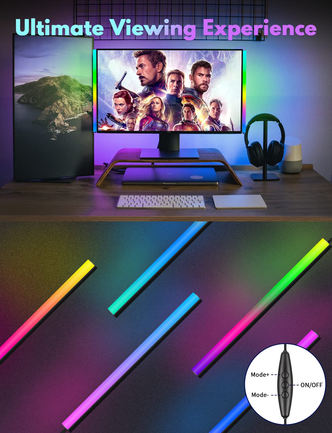 JUSJUBR 2PC RGB Under Monitor Light, Gaming Light with 353 Color Modes, LED Desk Light with Remote Control for Room/Monitor/PC Gaming Setup