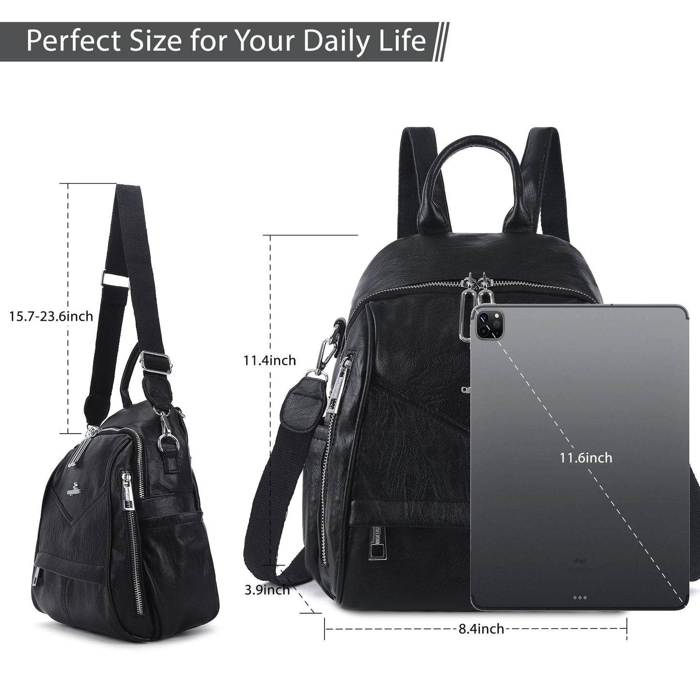 Angel Kiss Small Backpack Purse for Women,Soft Vegan Leather Roomy Backpacks,Designer Ladies Shoulder Backpack Fashion Handbag with Removable Strap,Black