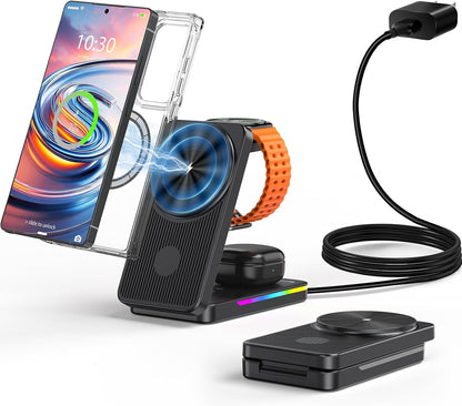 3 in 1 Magnetic Wireless Charger for Samsung, Foldable MagSafe Wireless Charging Station for Samsung Galaxy S25 Ultra/Z Fold7/Flip7/S24, Watch Charger for Galaxy Watch Ultra/8/7/Buds (for Travel)
