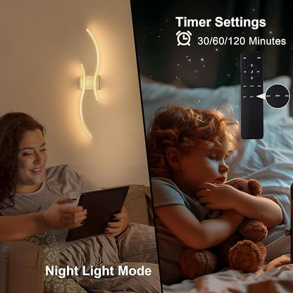 Battery Operated Wall Sconces Set of Two with Remote Control, Stepless Colors 3000K-6000K & Dimming, LED Brass Wireless Wall Light for Living Room, Hallway, Bedroom, 31.5 Inch (2 Pack)