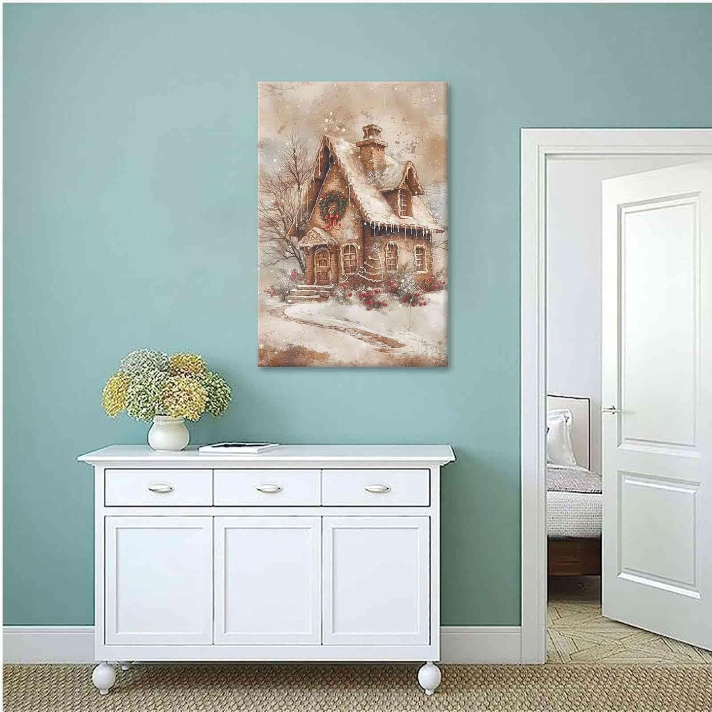 Framed Canvas Wall Art Home decor Winter Gingerbread House Traditional Christmas Print Festive Artwork Wall Decor canvas print poster 8x12in Wood Framed