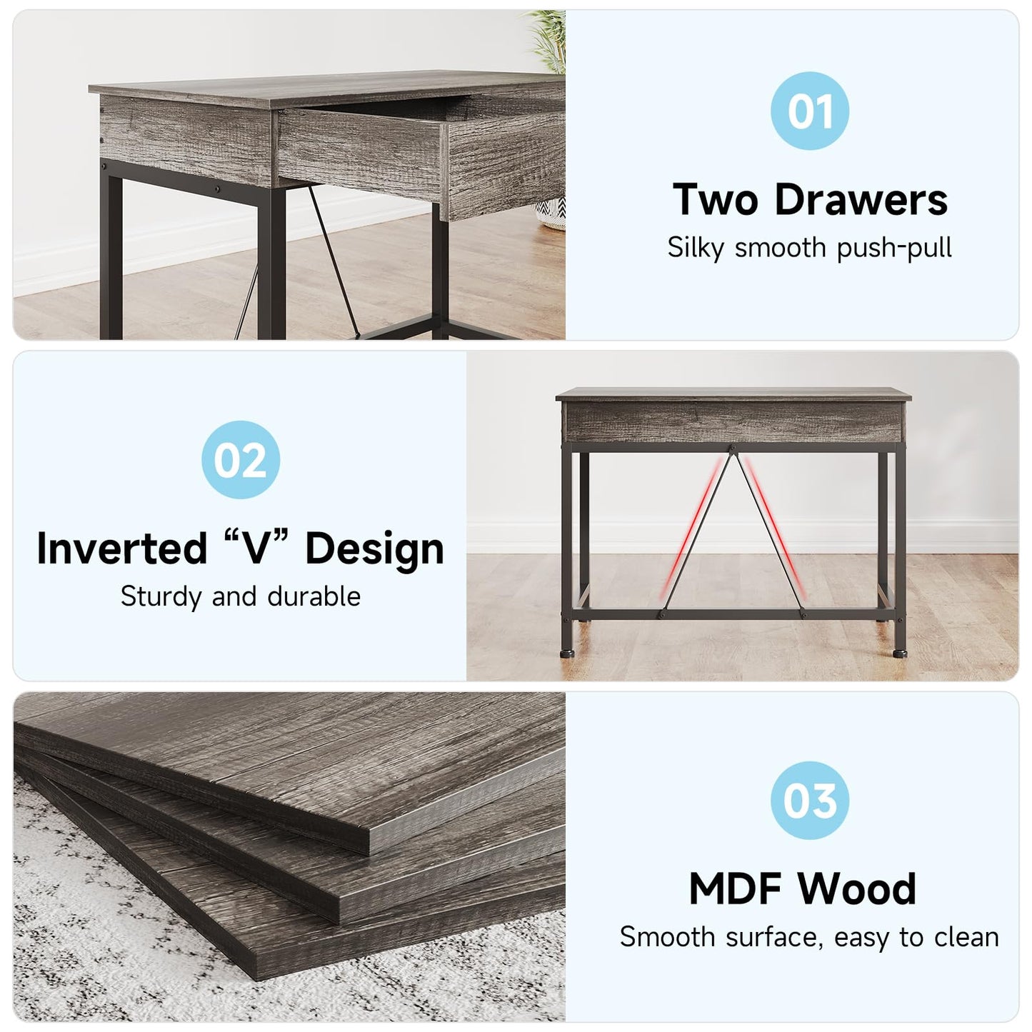 Mexin Small Desk with 2 Wooden Drawers, 40 Inch Home Office Writing Desk, Vanity Desk with Storage, Computer Desk for Bedroom Small Spaces, Table for Office, Work, Kids Study, Makeup, Gray Oak