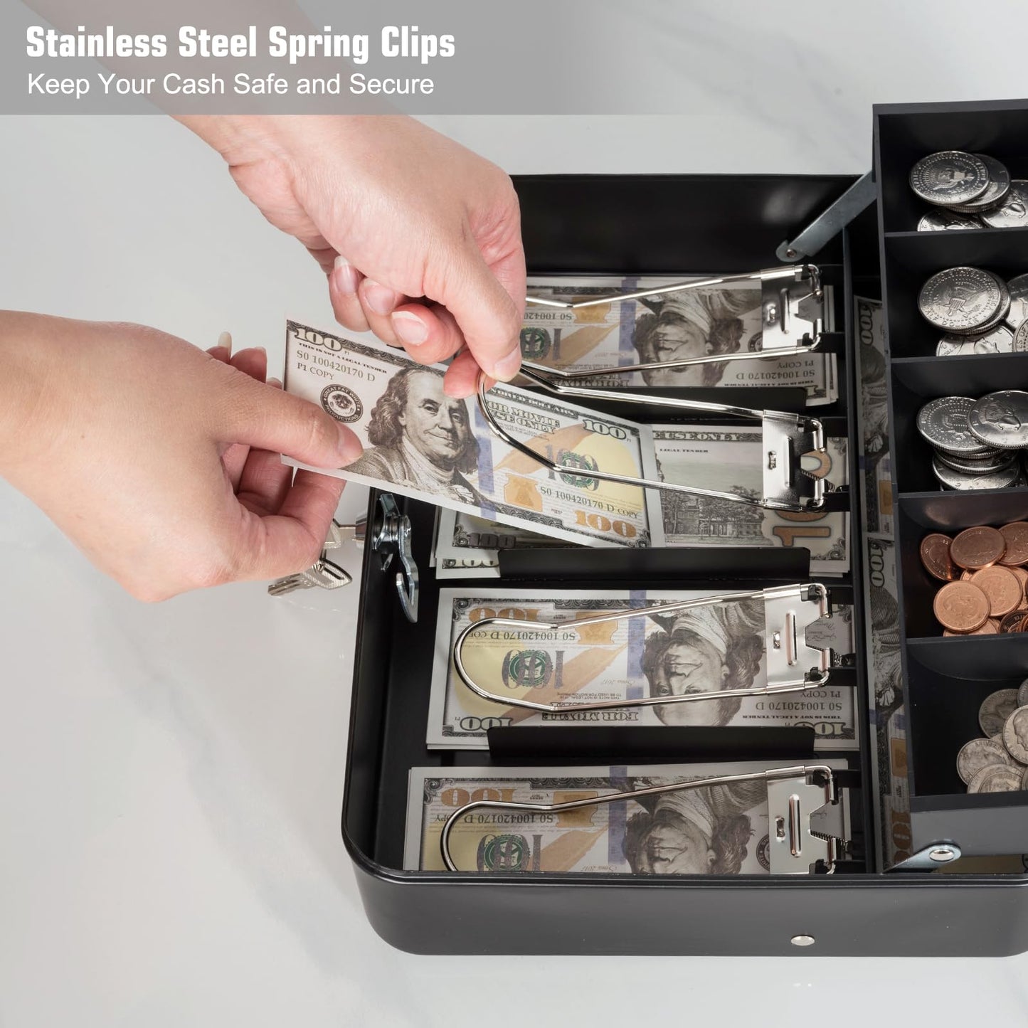 Cash Box with Lock Key and Money Tray - Large Money Box for Cash Register, Metal Lock Box for Money Safe 11.8" x 9.4" x 3.54" Black