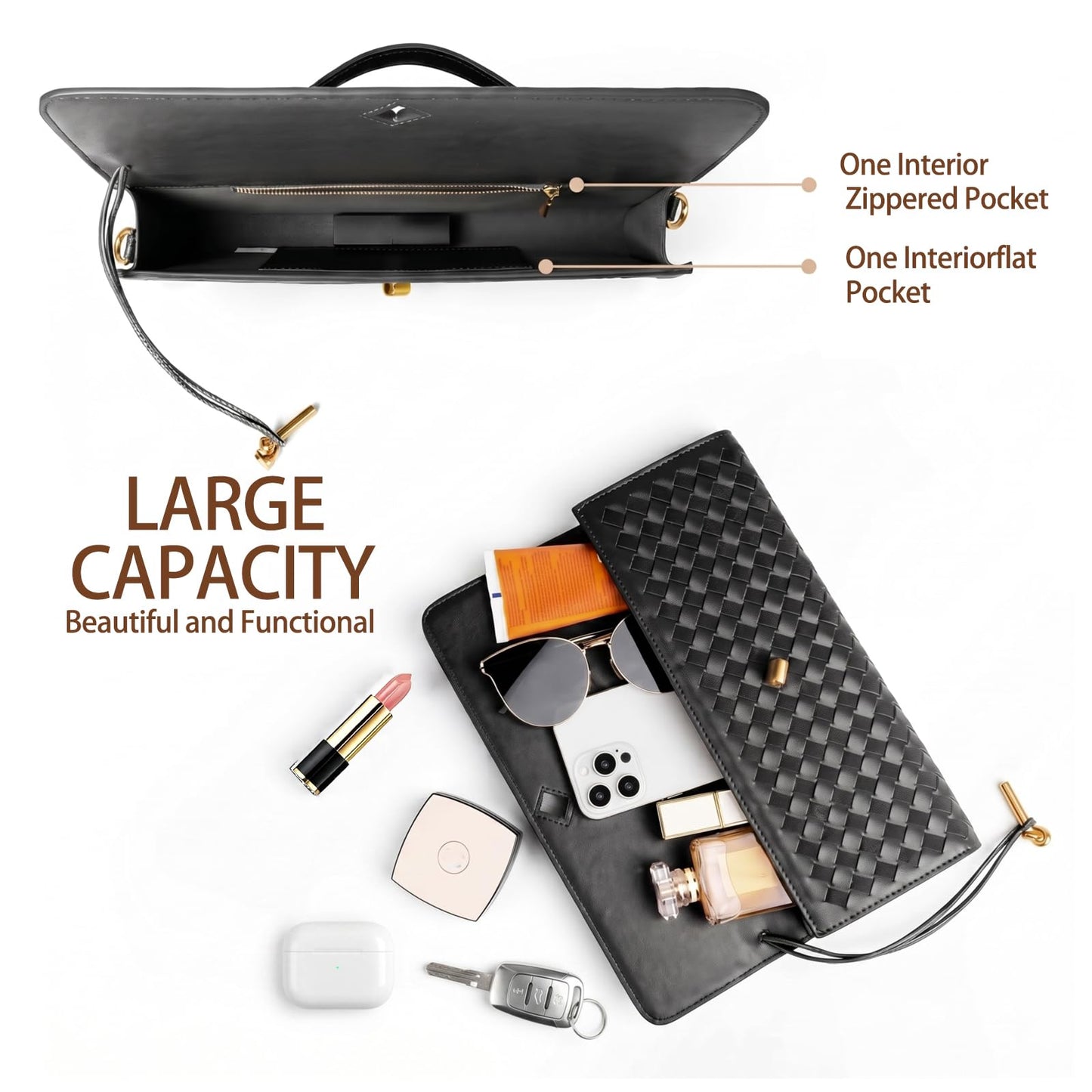 HRANRA Woven Clutch Purse for Women, Evening Handbags Crossbody Bag Purse Formal Evening Bag Clutch Bag Black Purse