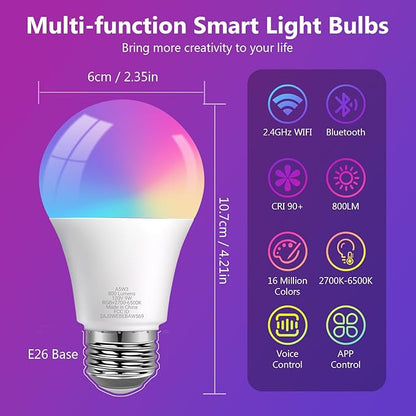 DAYBETTER Smart Light Bulbs, Smart Bulb That Compatible with Alexa & Google Home, 2.4G WiFi Bluetooth Alexa Light Bulbs, RGBCW Color Changing LED Light Bulb, 60W Equivalent, 800LM, 6Pack