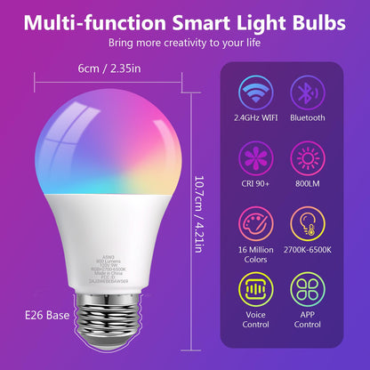 DAYBETTER Smart Light Bulbs, Smart Bulb That Compatible with Alexa & Google Home, 2.4G WiFi Bluetooth Alexa Light Bulbs, RGBCW Color Changing LED Light Bulb, 60W Equivalent, 800LM, 6Pack