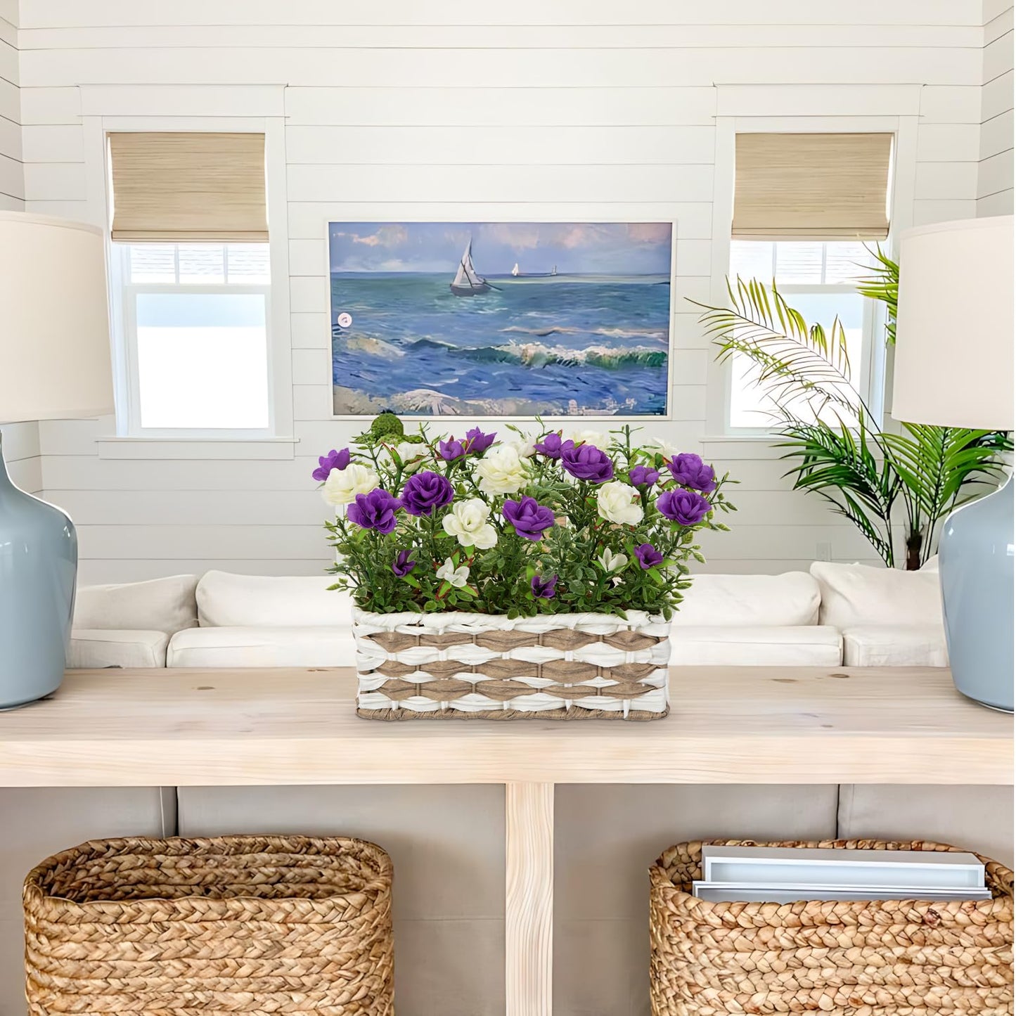 Artificial Rose Flowers with Woven Basket, Faux Roses in Fake Rattan Planter for Table Centerpiece, Romantic Floral Arrangement for Home Bathroom Office Desk Spring & Rustic Decor, Cream White Purple