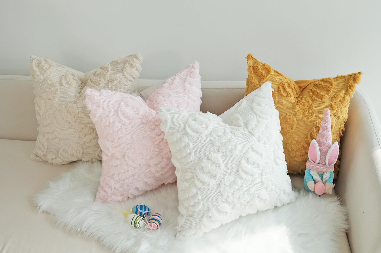 JOJUSIS Decorative Pillow Covers Pack of 4 Spring Throw Pillowcases Faux Fur Couch Cushion Easter Egg 18 x 18 Inch