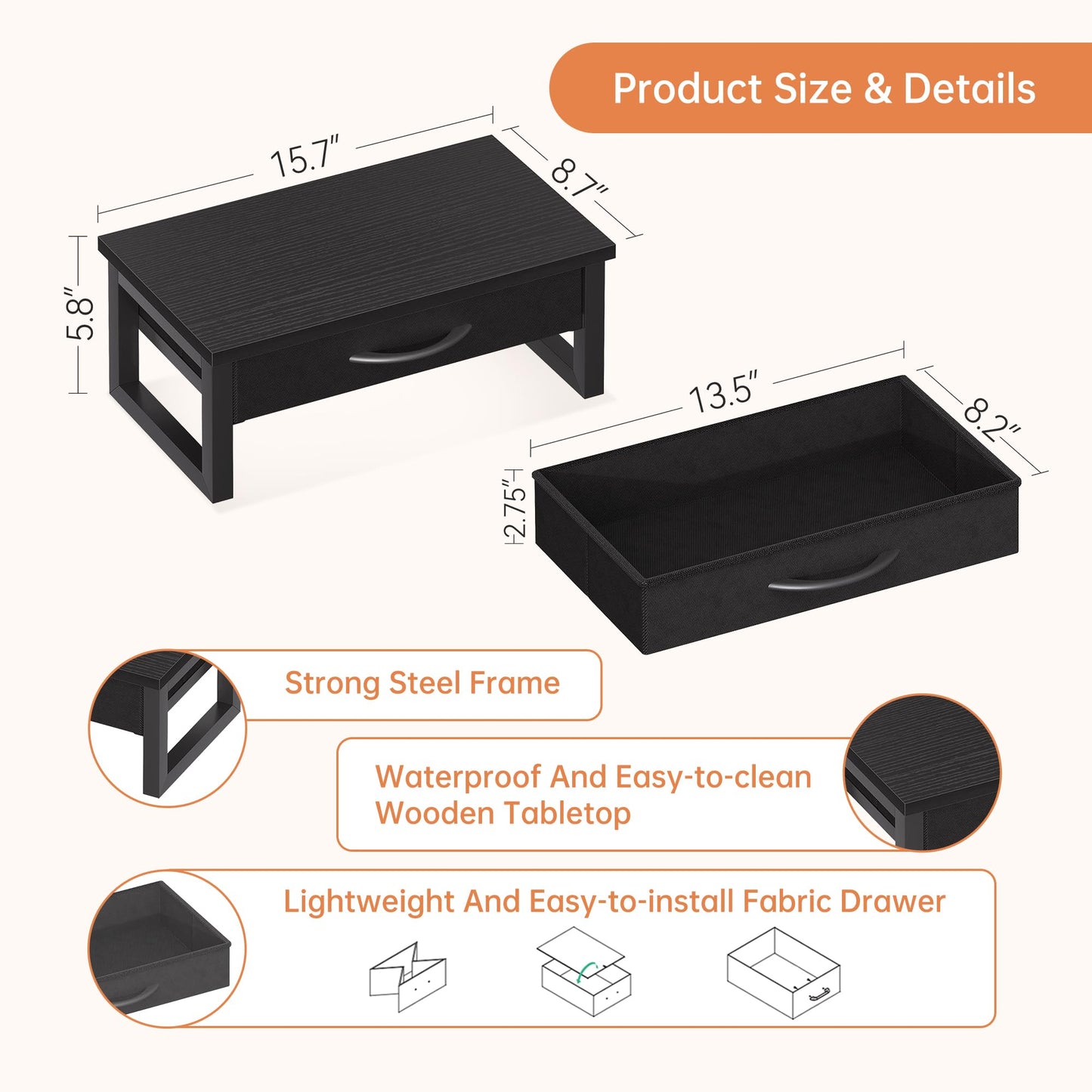HEWORLIF Computer Monitor Stand Riser, Desk Organizers and Accessories with Drawer, 2-Tier Laptop Stand for Desk, Office Organizer Storage, Wood