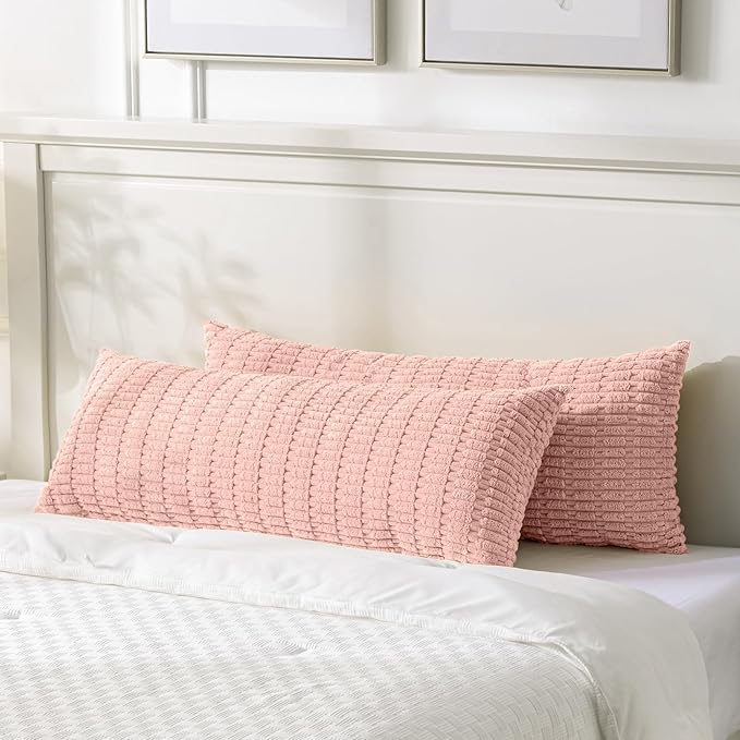 Fancy Homi Blush Pink Long Body Lumbar Lumbar Decorative Throw Pillow Covers 20x54 Inch for Bed Couch Bedroom Bench, Soft Corduroy Rectangle Solid Pillow Case, Rustic Farmhouse Boho Room Decor