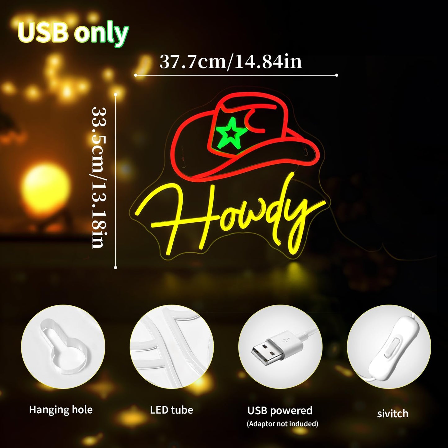 Qetibwk Cowboy Howdy Neon Sign for Wall Decor Led Neon Signs Light Up Sign Room Decor Neon Lights Sign USB Powered