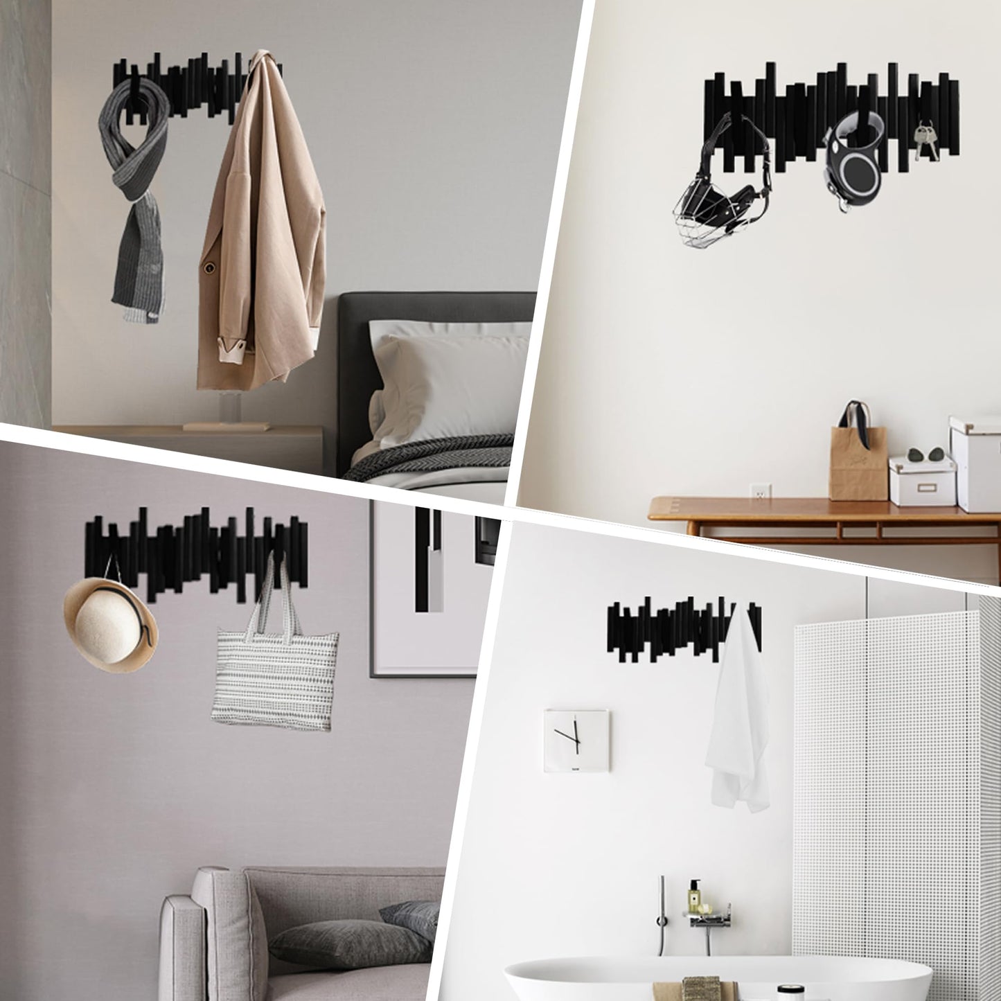 MinBoo Bamboo Multi Hook Coat Rack -Decorative Hooks for Wall Modern, Unique, Space-Saving Coat Hanger with 4 Flip-Down Hook for Hanging Coats, Christmas Decorations Wall Hooks for Hanging,Black
