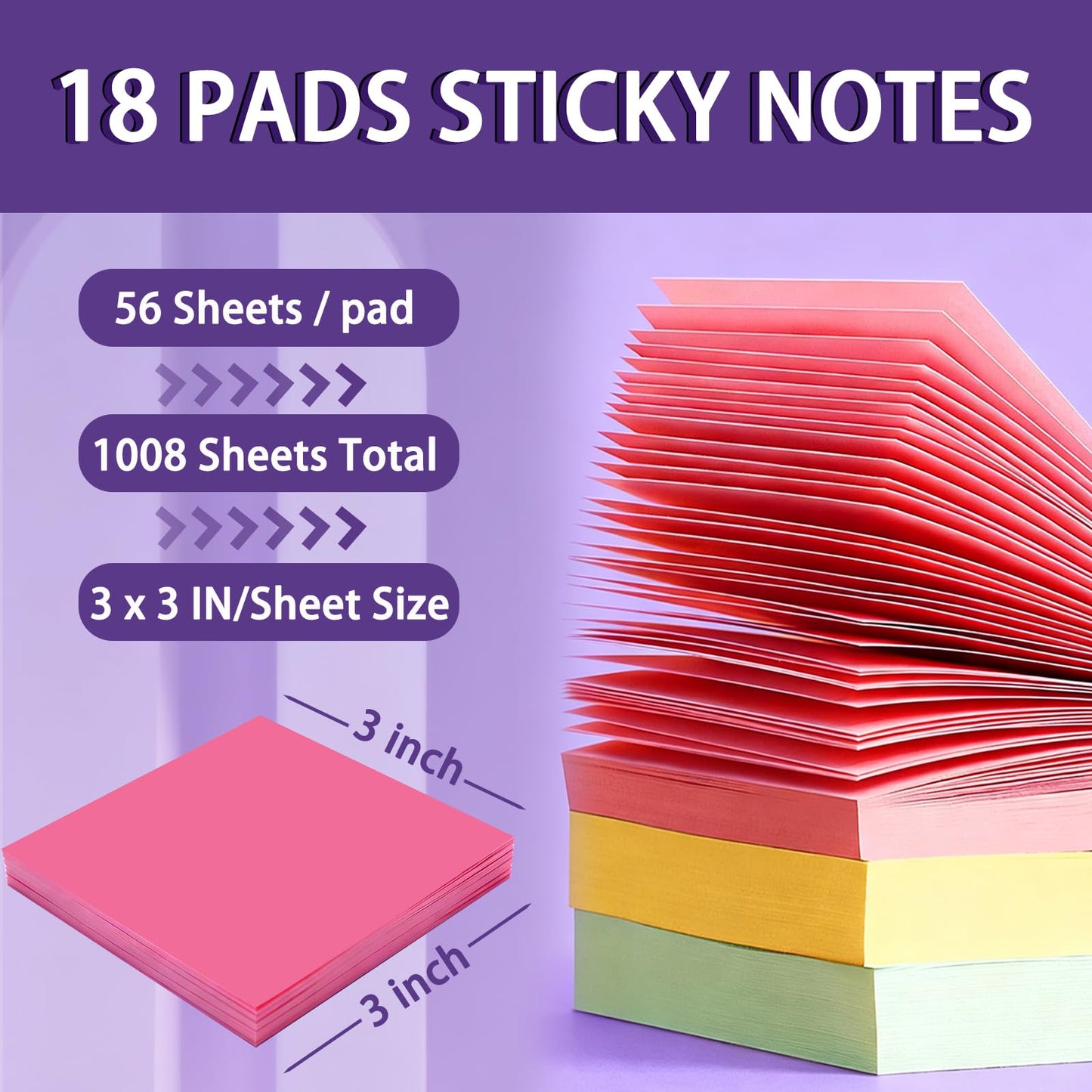 (18 Pads) Sticky Notes 3x3 inch, Self-Stick Note Pads, 18 Colorful Sticky Notes for School Supplies or Office Supplies