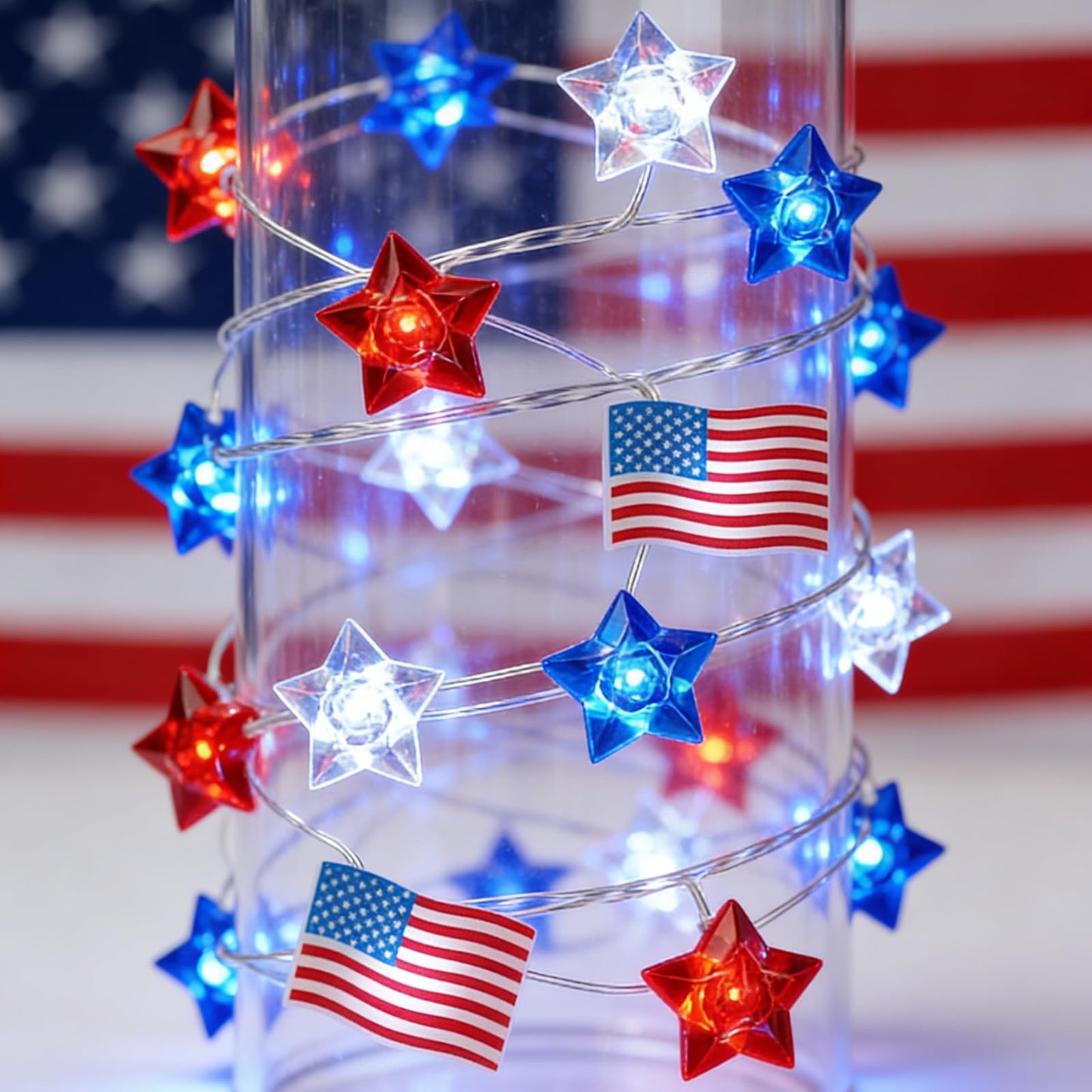 TWINGLEHOME 100LED Patriotic Star Lights with Copper Wire, Waterproof Adaptor and American Flag, Multifunctional Lighting Modes (Red, Cool White, Blue), Plug-in for Indoor Holiday, Nation Day