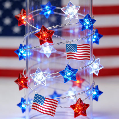 TWINGLEHOME 100LED Patriotic Star Lights with Copper Wire, Waterproof Adaptor and American Flag, Multifunctional Lighting Modes (Red, Cool White, Blue), Plug-in for Indoor Holiday, Nation Day