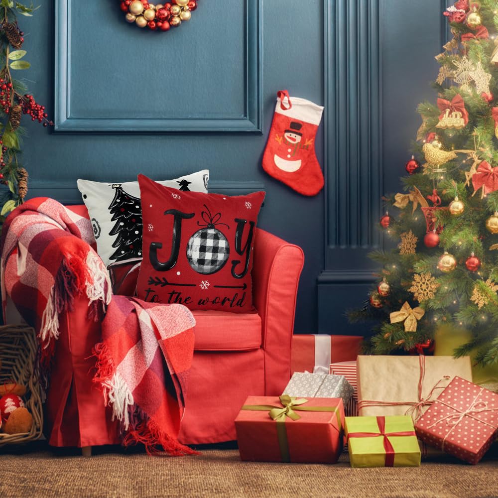 DIYDEC 4pcs Christmas Pillow Covers 18x18 Inch Red Pillow Covers Xmas Decorations Buffalo Tree Truck Merry Christmas Pillows Winter Holiday Farmhouse Seasonal Throw Case Decor for Sofa Couch