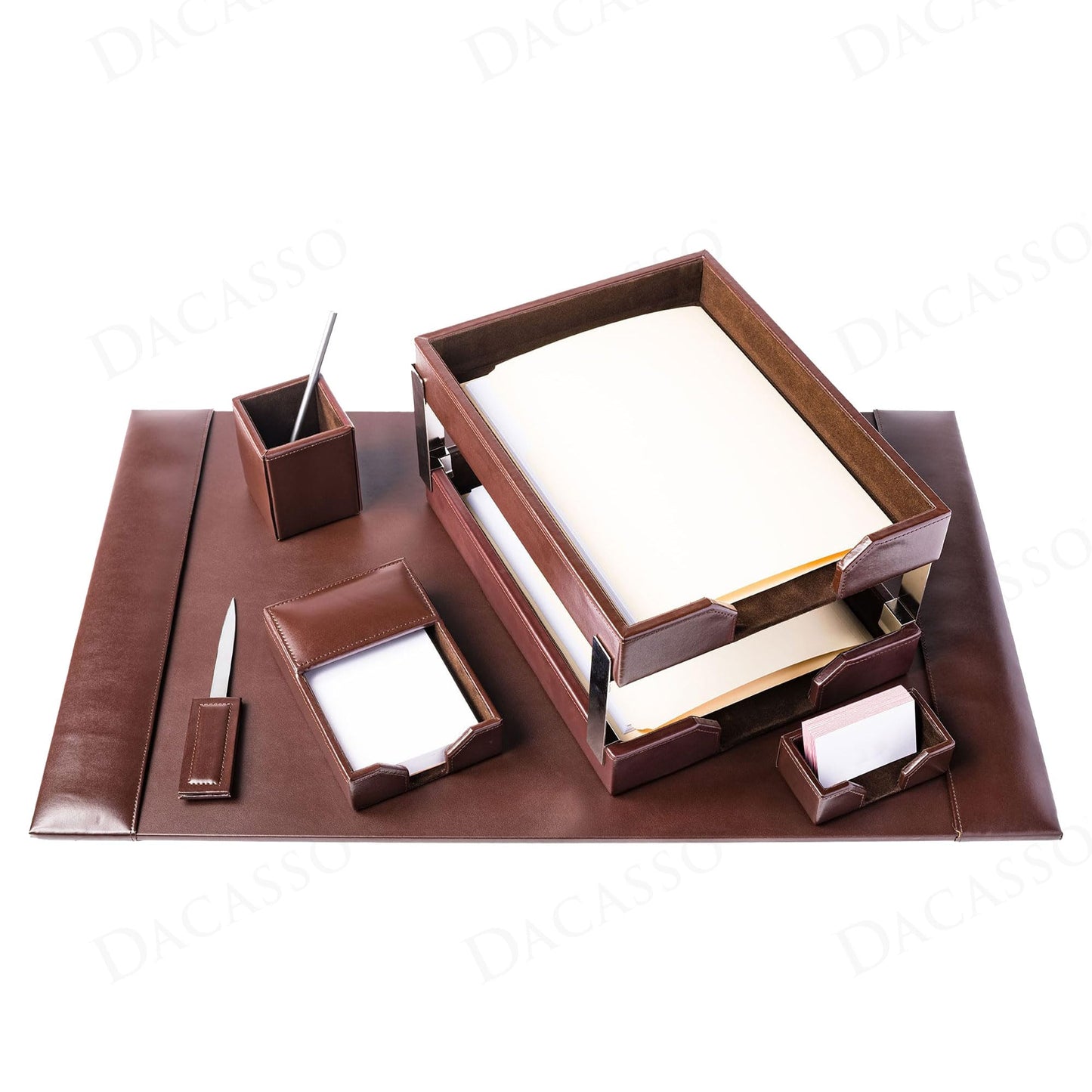 Dacasso Dark Brown Bonded Leather 8-Piece Desk Accessory Set - Organization Essentials & Executive Decor - Luxury Leather Blotter for Office Organization