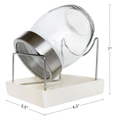 GEO Sprouting Jar - Italian Design - Glass Jar with Stainless Steel Screen, Rim, Stand on Ceramic Base