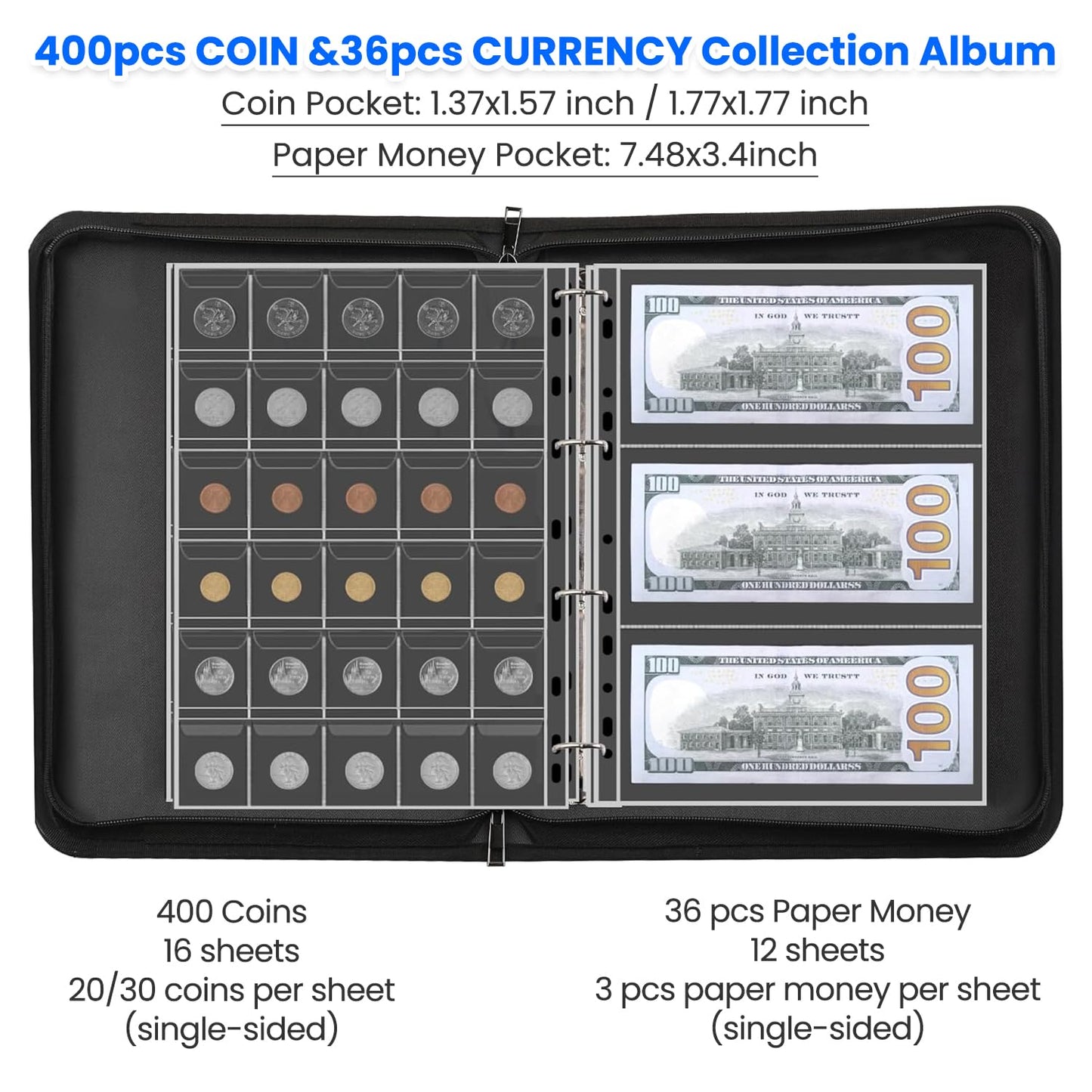 Coin Collection Supplies Holder for Collectors with Handle, Fireproof 400 Pockets Coin Collection Book & 36 Paper Money Organizer Binder for Coin Currency Collection Supplies,Pennies (Black)