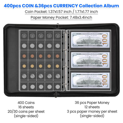 Coin Collection Supplies Holder for Collectors with Handle, Fireproof 400 Pockets Coin Collection Book & 36 Paper Money Organizer Binder for Coin Currency Collection Supplies,Pennies (Black)