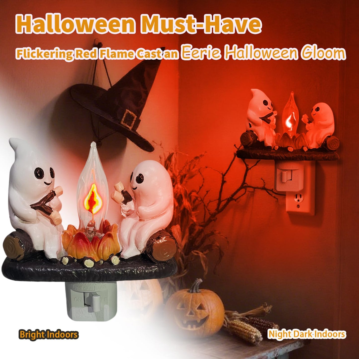 Consdemy Ghost Campfire Flickering Nightlight 120V Plug into Wall - Realistic Spooky Candles for Party Decor Indoor - Christmas & Halloween Night Light Campfire Gifts for Families, Friends (Ghost)