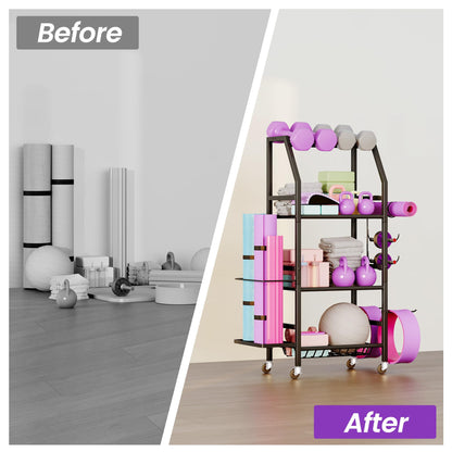Homeiju Dumbbell Rack, 4 Tier Weight Rack for Home Gym, Yoga Mat Storage Holder with Lockable Wheels, Dumbbell Stand with Hooks, All in One Work out Equipment Storage for Yoga Mat Dumbbell and Balls