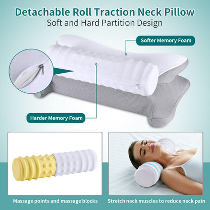 onesmile Cervical and Roll Neck Pillow-2 in 1 Removable Ergonomic for Pain Relief, Support for Sleeping, Memory Foam for Side, Back & Stomach Sleepers (White)