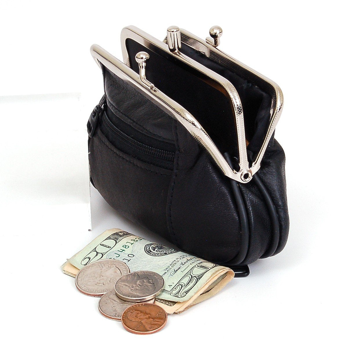 Womens Leather Mini Wallet ID Credit Cards Cash Coin Holder Case Organizer Puse with Framed & Zipper Closures - Black