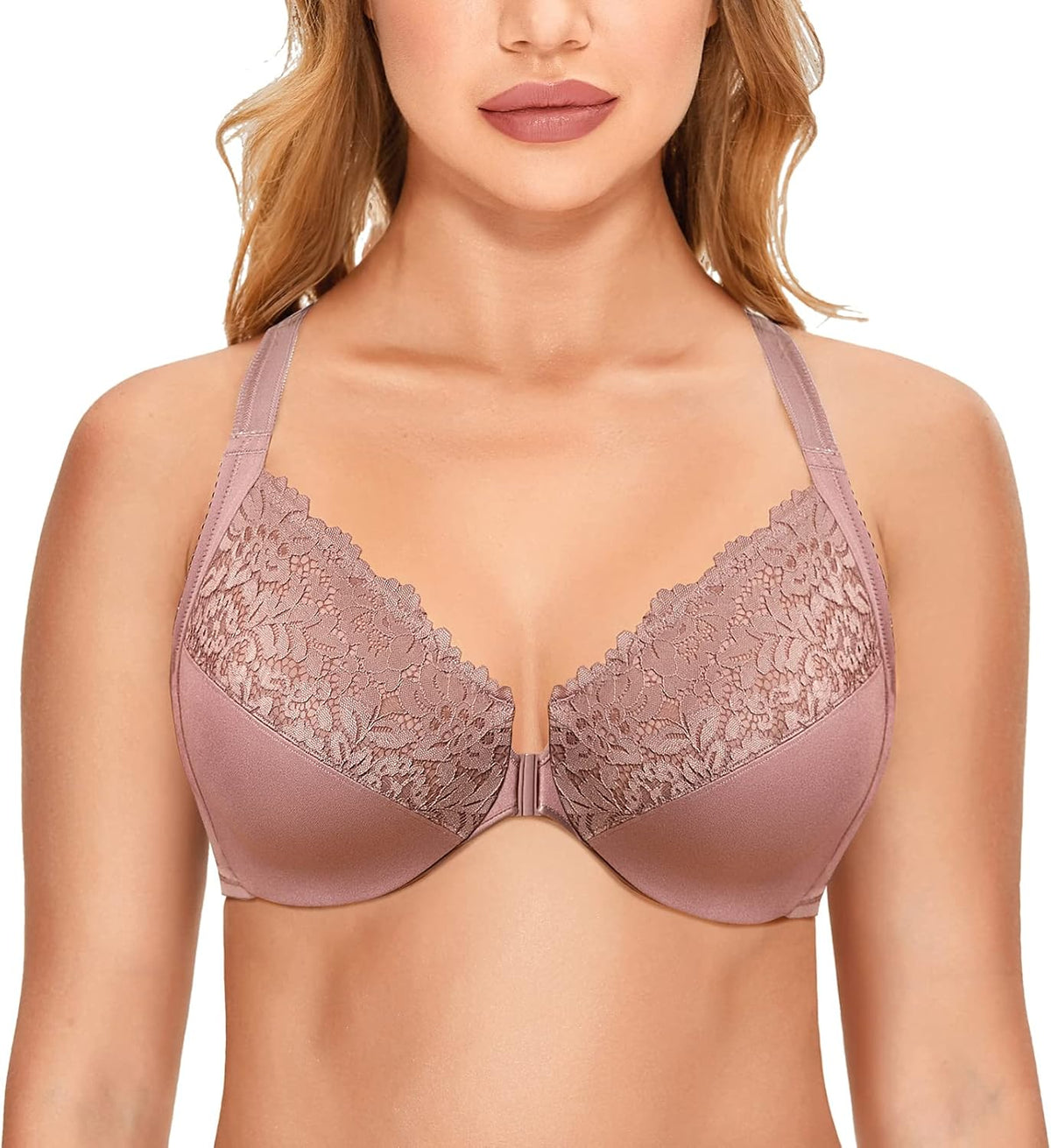 DELIMIRA Women's Front Closure Plus Size Full Coverage Lace Underwire Racerback Bra