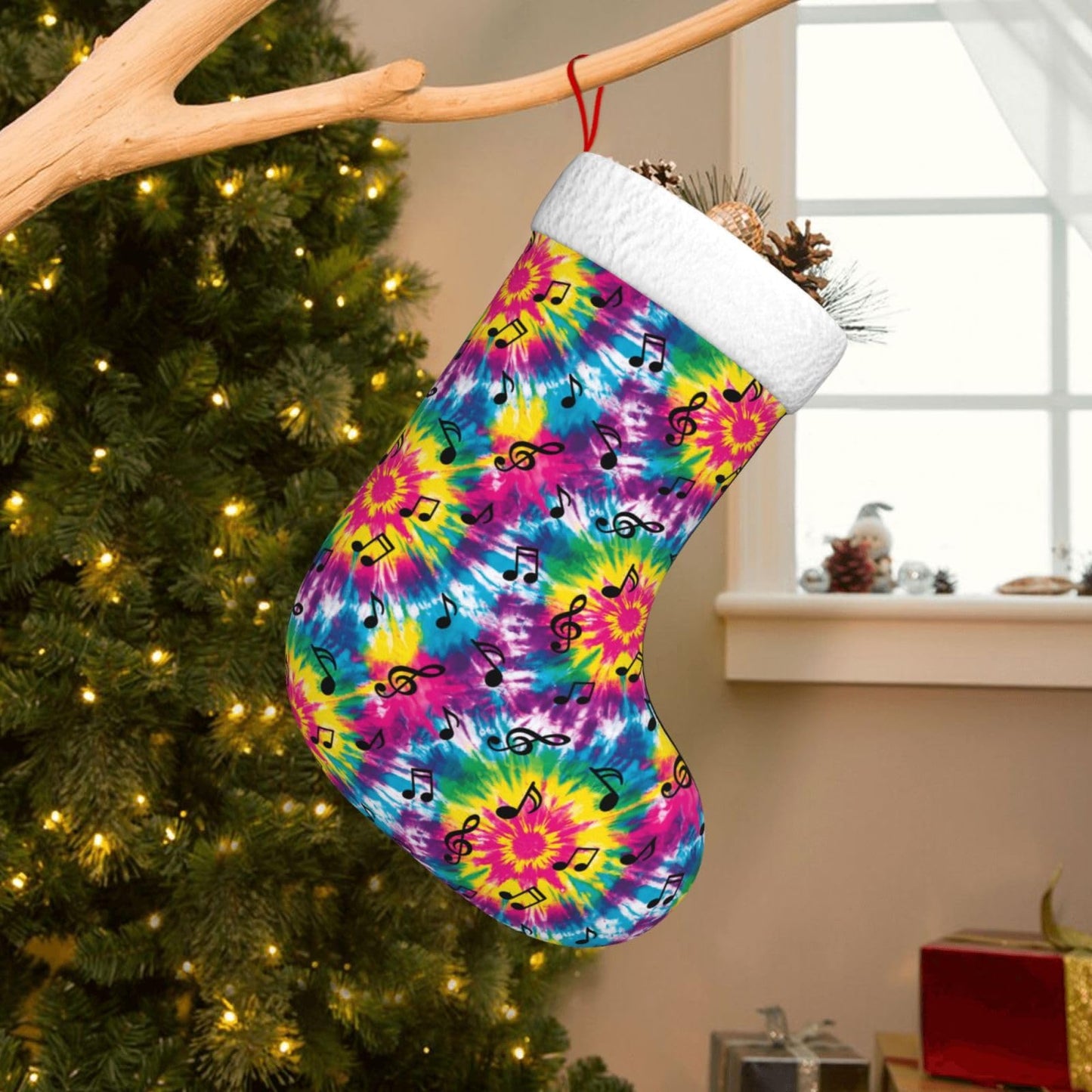 Athjunss Tie Dye Music Notes Christmas Stocking Large Xmas Holiday Party Decoration Fireplace Hanging Stocking