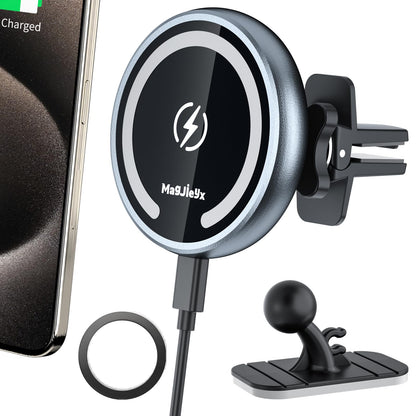 Magjieyx for Magsafe Car Mount Wireless Charger Magnetic Fast Charging Compatible with iPhone 16,15,14,13,12,Pro Max,Mini,Magsafe Case, Air Vent and Stick On Dashboard Car Phone Holder