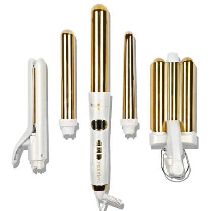 FoxyBae 5-in-1 Interchangeable Hair Tools Set - 1" Flat Iron Hair Straightener, 3 Barrels Hair Crimper, 3 Ceramic Curling Wands 0.75"-1.25", Salon Grade Waver & Curler (Pearl White - Gold)