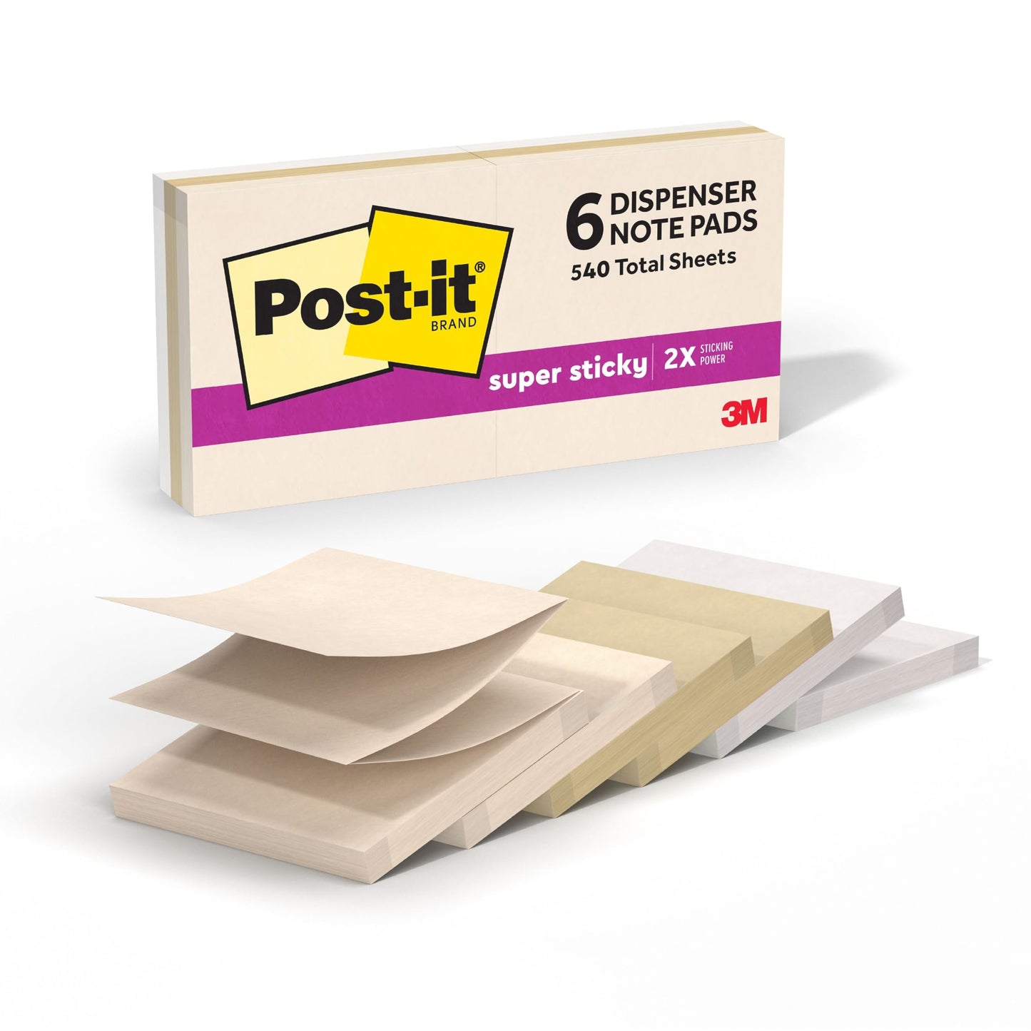 Post-it Super Sticky Dispenser Pop-up Notes, 6 Sticky Notes Pads, 3 x 3 in., School Supplies and Oﬃce Supplies, 2X the Sticking Power, Use with Post-it Note Dispensers, Neutrality Collection