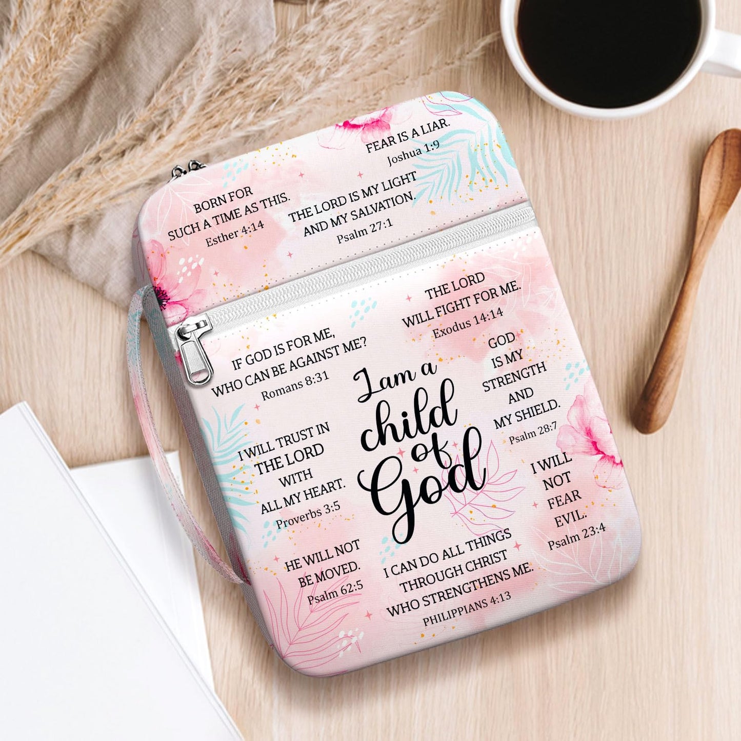 MYSMOR I Am A Child Of God Bible Cover for Women, Floral Scripture Bible Case with Handle and Zipper Pocket, Christian Bible Bag for Girls, Fits Standard Size, Church Gift for Faith and Prayer