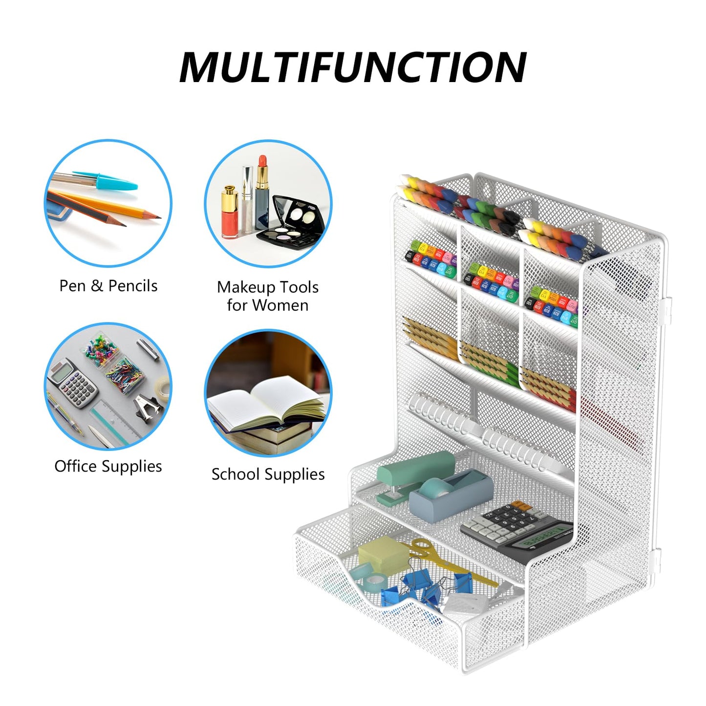 BOHDK Pen Organizer for Desk, Multi-Functional Desk Organizer, Wall Mount Pen Holder with Drawer for School, Office, Home, Art Supplies, White