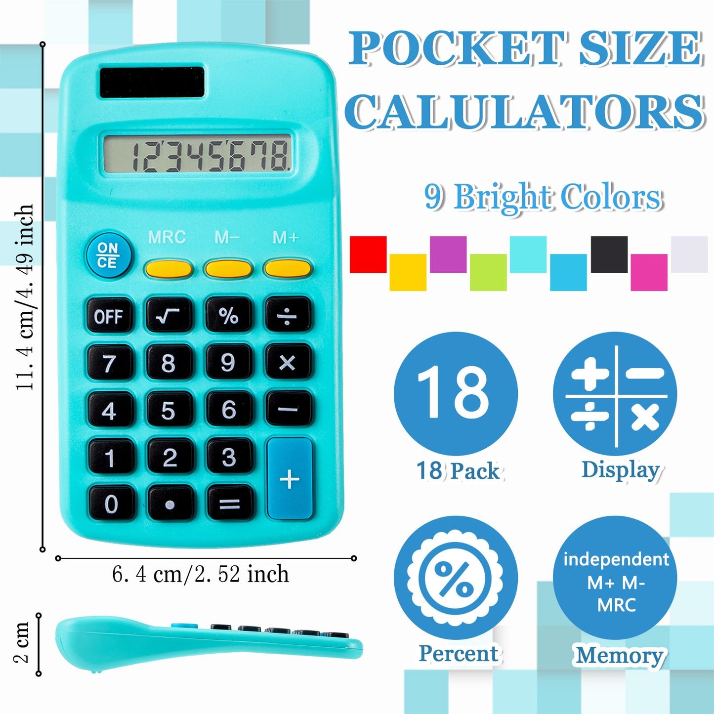 IJRPLM 18 Pack Mini Pocket Calculators, Solar & Battery Power, 8 Digit Display, Bulk for Students, Kids, School, Home, Office (9 Colors)