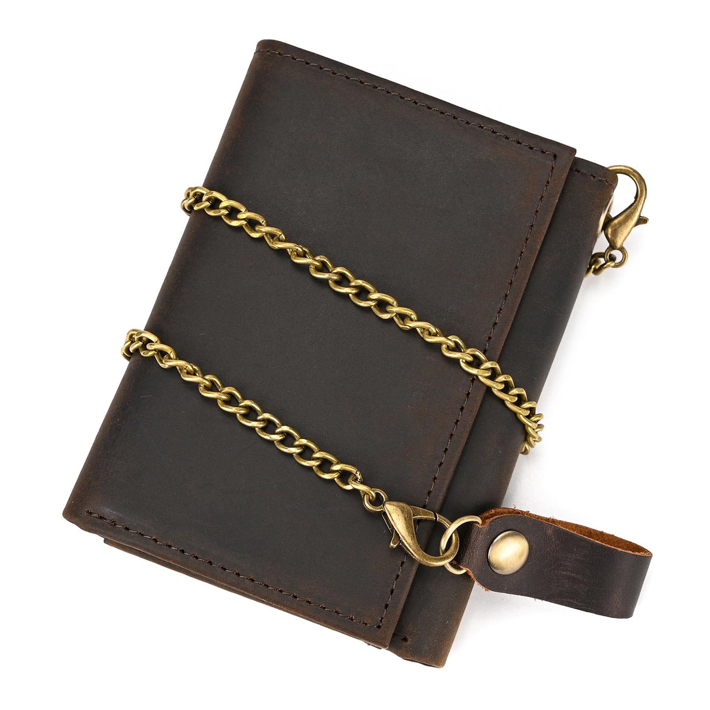 Yevabo Men's Full Grain Leather Trifold Wallet with Chain - Vintage Full Grain Leather Short Purse for Men with Multi-Card Slots, ID Window, Key Holder, Dark Brown