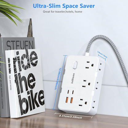 Flat Plug Power Strip Surge Protector, 5ft Ultra Thin Extension Cord with 4 USB Wall Charger(2 USB C Port), 6 Widely-Spaced Outlets Power Strip Compact for Travel, Office, Dorm Room Essentials (White)