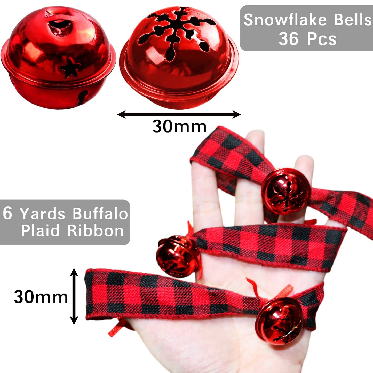 Jishi Rustic Buffalo Plaid Ribbon Garland - 6 Yards with Jingle Bell & Metal Sleigh Bell Ornaments